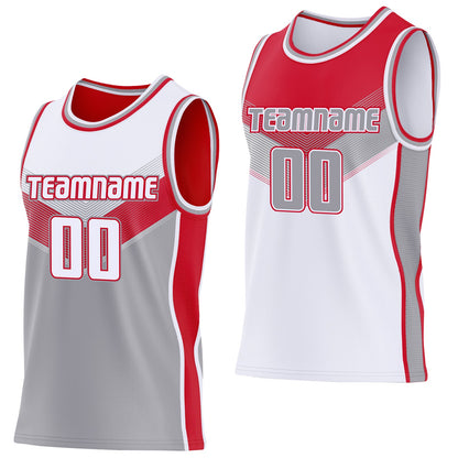 Custom White Gray-Red Side Panel Stripe Geometric V-Cut Color Block Reversible Double Side Sublimation Basketball Set Jersey