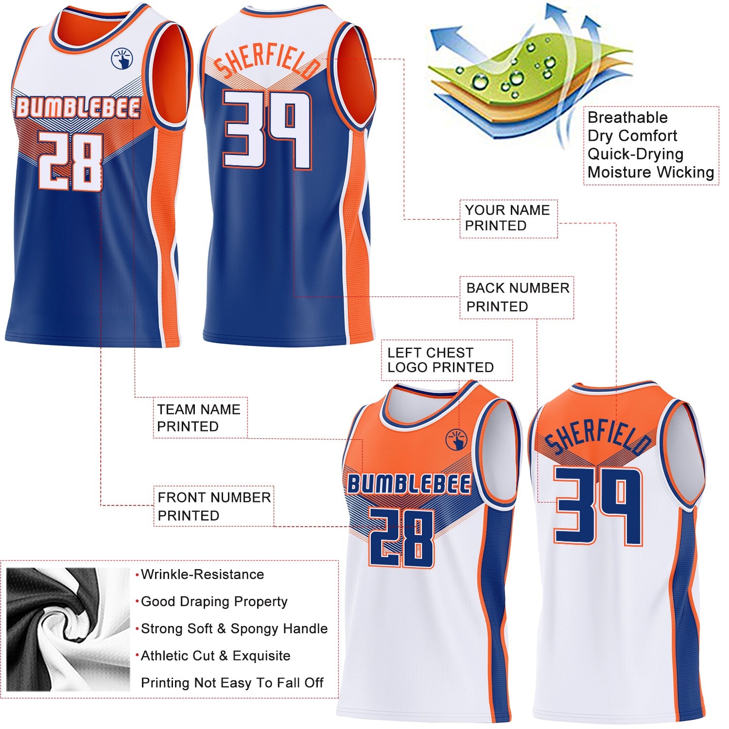Custom White Royal-Orange Side Panel Stripe Geometric V-Cut Color Block Reversible Double Side Sublimation Basketball Set Jersey