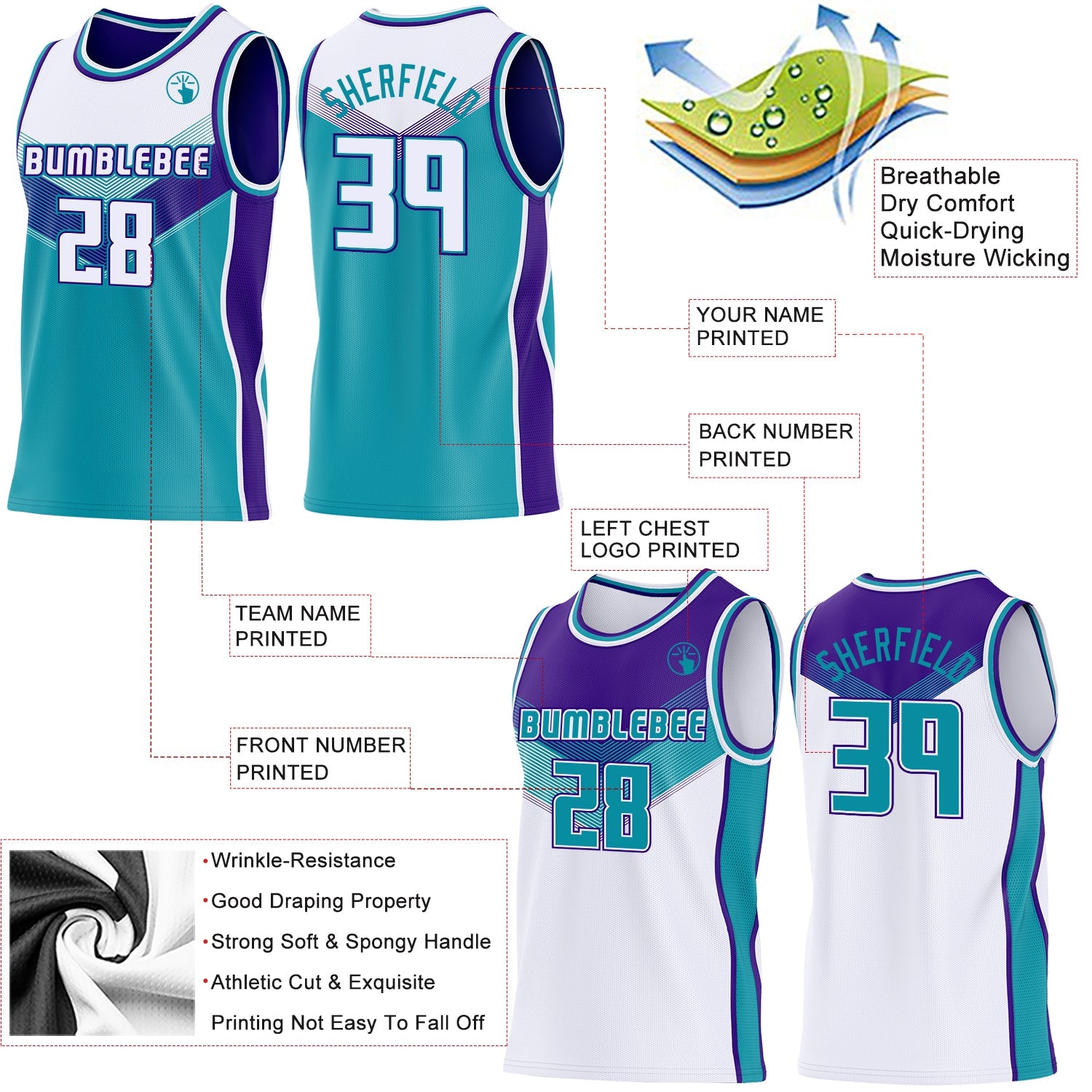 Custom White Teal-Purple Side Panel Stripe Geometric V-Cut Color Block Reversible Double Side Sublimation Basketball Set Jersey