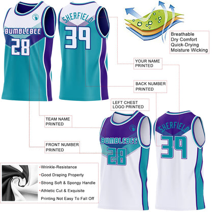 Custom White Teal-Purple Side Panel Stripe Geometric V-Cut Color Block Reversible Double Side Sublimation Basketball Set Jersey