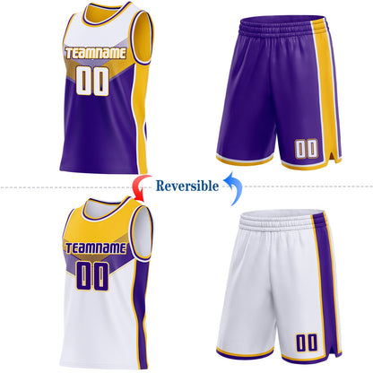 Custom White Purple-Gold Side Panel Stripe Geometric V-Cut Color Block Reversible Double Side Sublimation Basketball Set Jersey