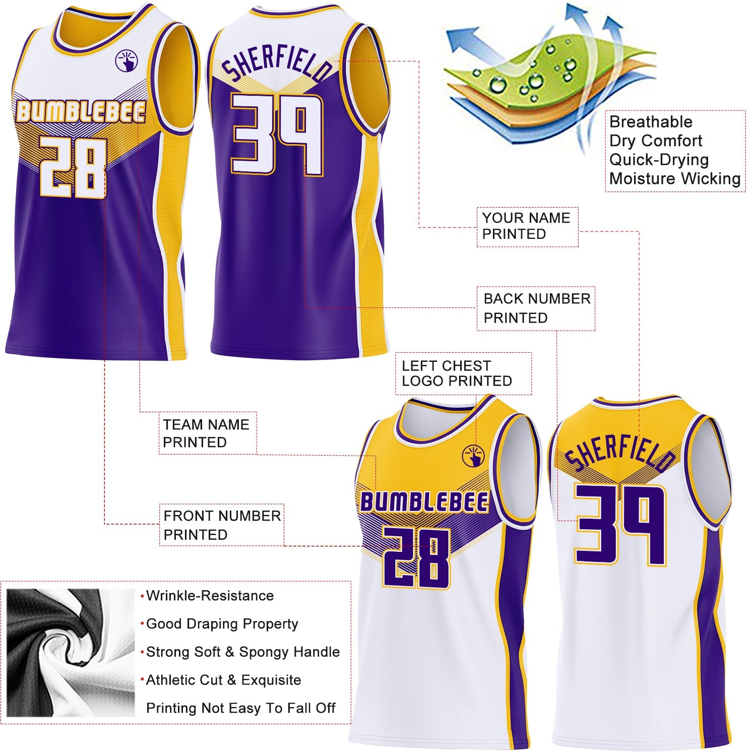 Custom White Purple-Gold Side Panel Stripe Geometric V-Cut Color Block Reversible Double Side Sublimation Basketball Set Jersey