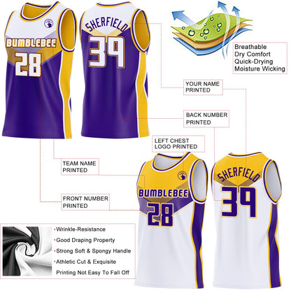 Custom White Purple-Gold Side Panel Stripe Geometric V-Cut Color Block Reversible Double Side Sublimation Basketball Set Jersey