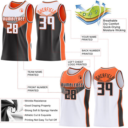 Custom White Black-Orange Side Panel Stripe Geometric V-Cut Color Block Reversible Double Side Sublimation Basketball Set Jersey