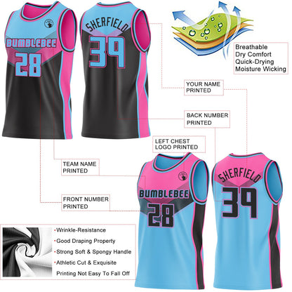 Custom Sky Blue Black-Pink Side Panel Stripe Geometric V-Cut Color Block Reversible Double Side Sublimation Basketball Set Jersey