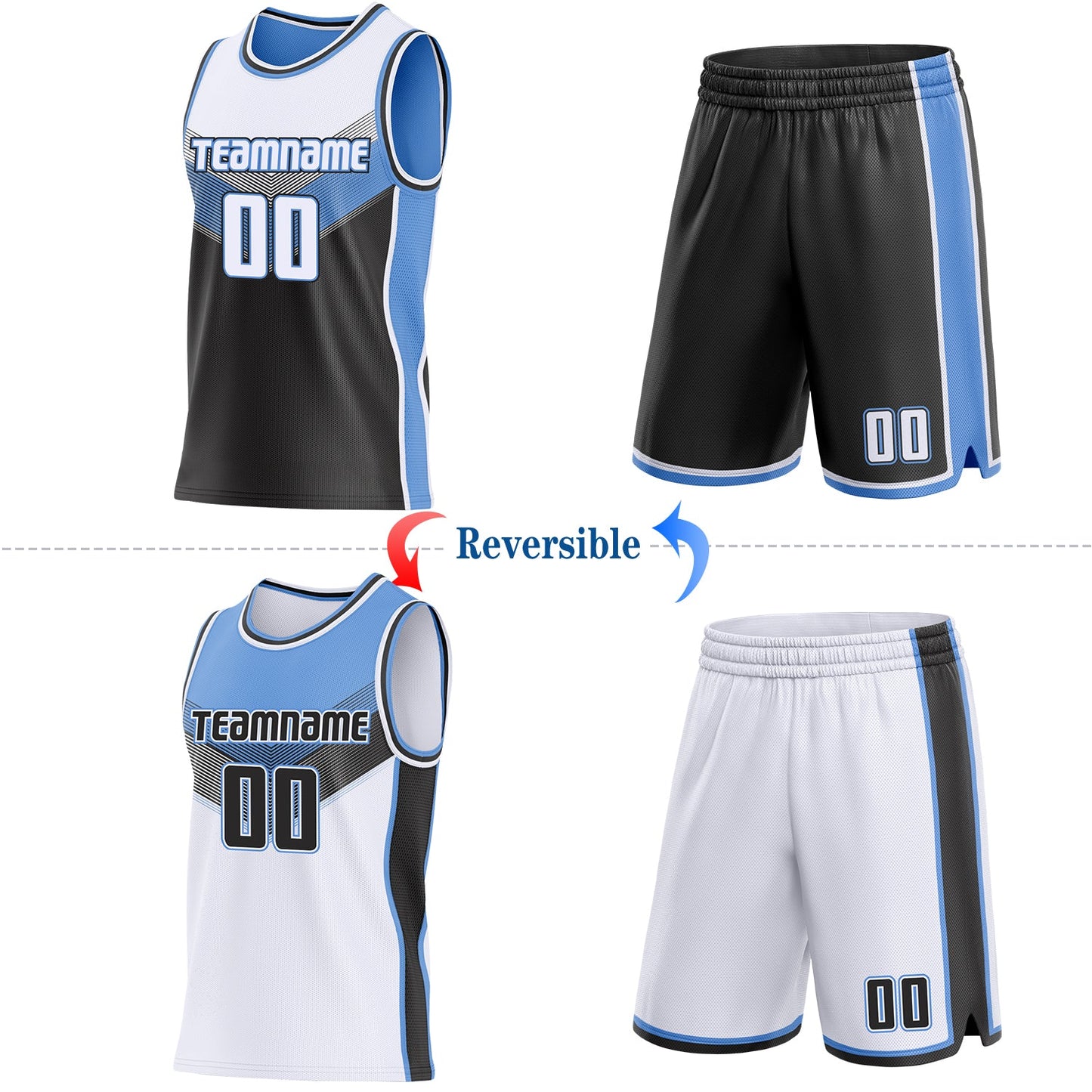 Custom White Black-Light Blue Side Panel Stripe Geometric V-Cut Color Block Reversible Double Side Sublimation Basketball Set Jersey