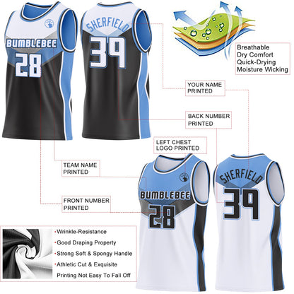 Custom White Black-Light Blue Side Panel Stripe Geometric V-Cut Color Block Reversible Double Side Sublimation Basketball Set Jersey