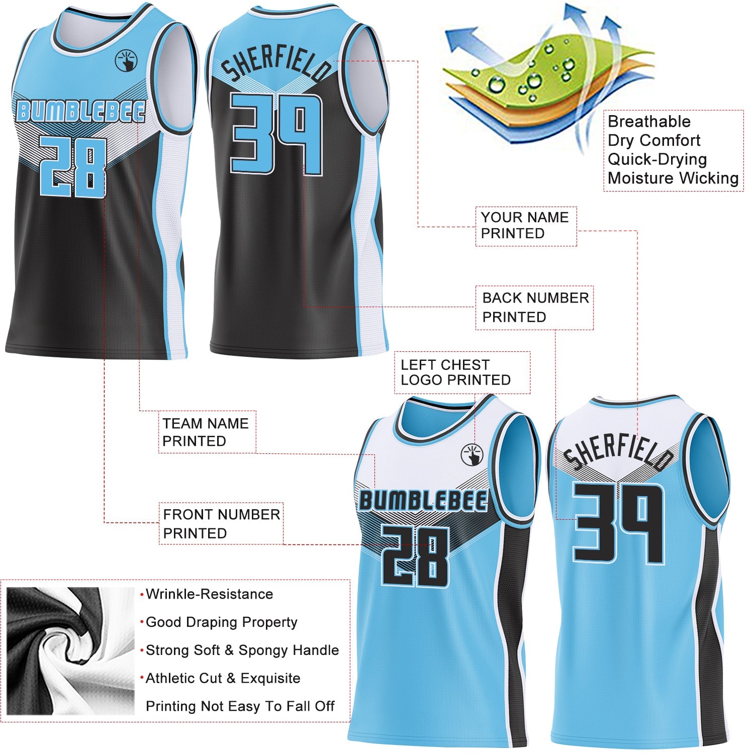 Custom Sky Blue Black-White Side Panel Stripe Geometric V-Cut Color Block Reversible Double Side Sublimation Basketball Set Jersey