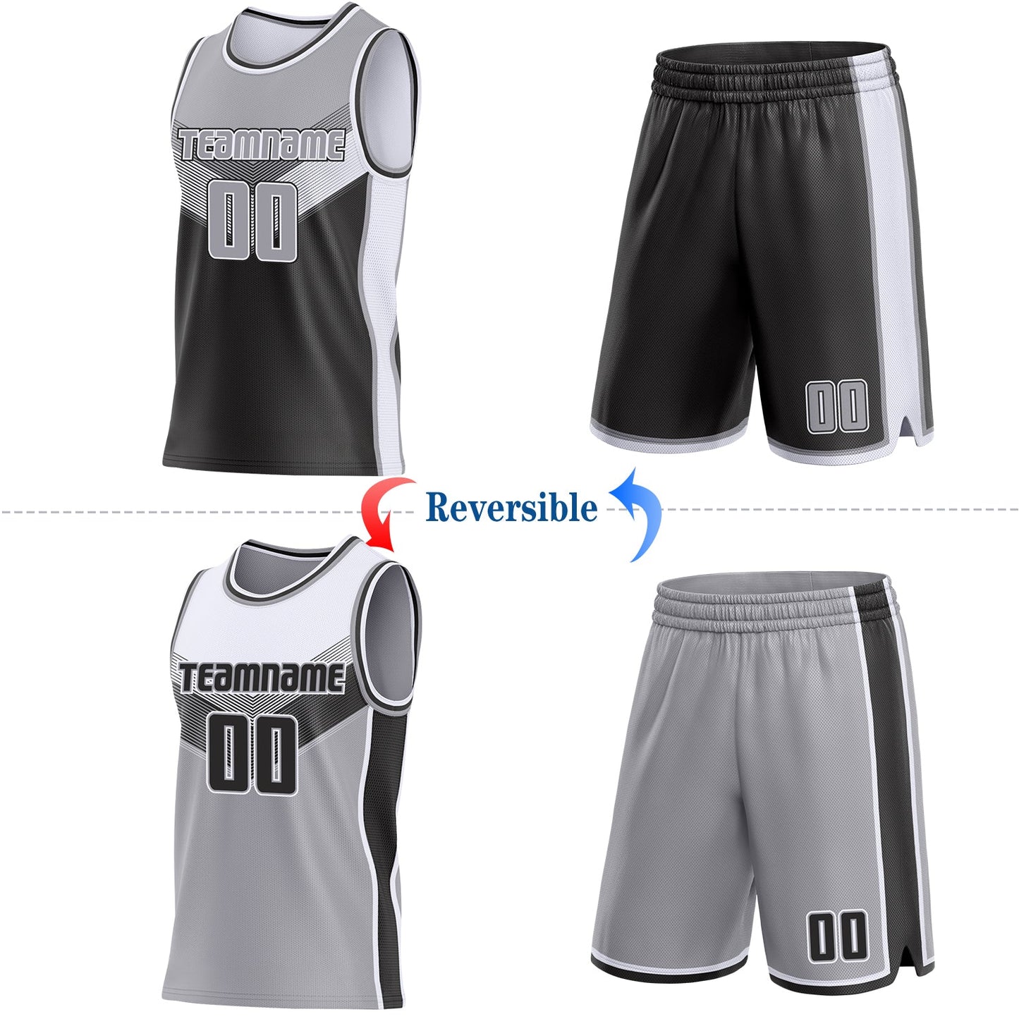 Custom Gray Black-White Side Panel Stripe Geometric V-Cut Color Block Reversible Double Side Sublimation Basketball Set Jersey