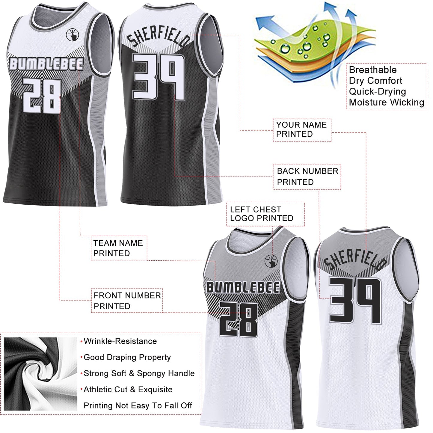 Custom White Black-Gray Side Panel Stripe Geometric V-Cut Color Block Reversible Double Side Sublimation Basketball Set Jersey