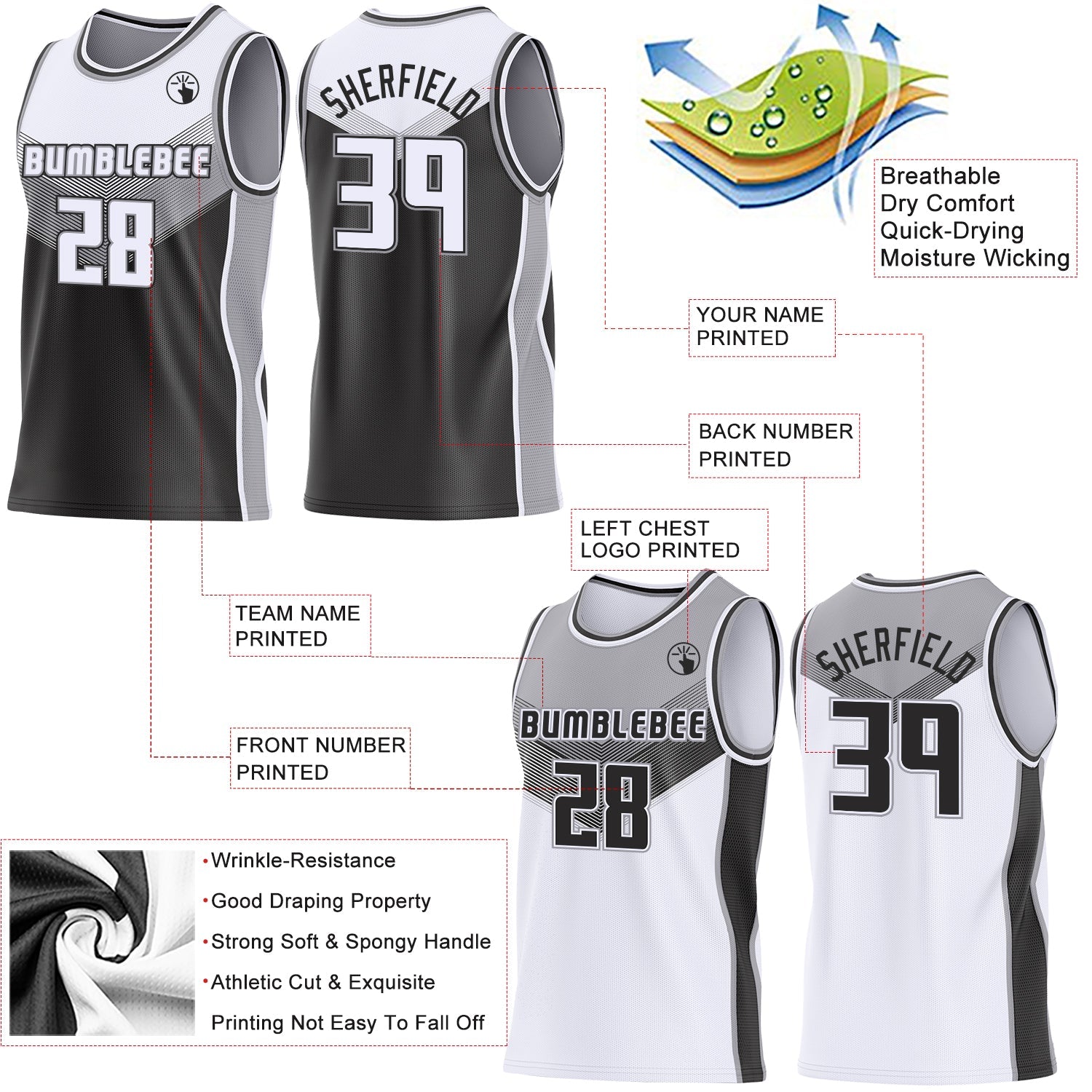 Custom White Black-Gray Side Panel Stripe Geometric V-Cut Color Block Reversible Double Side Sublimation Basketball Set Jersey