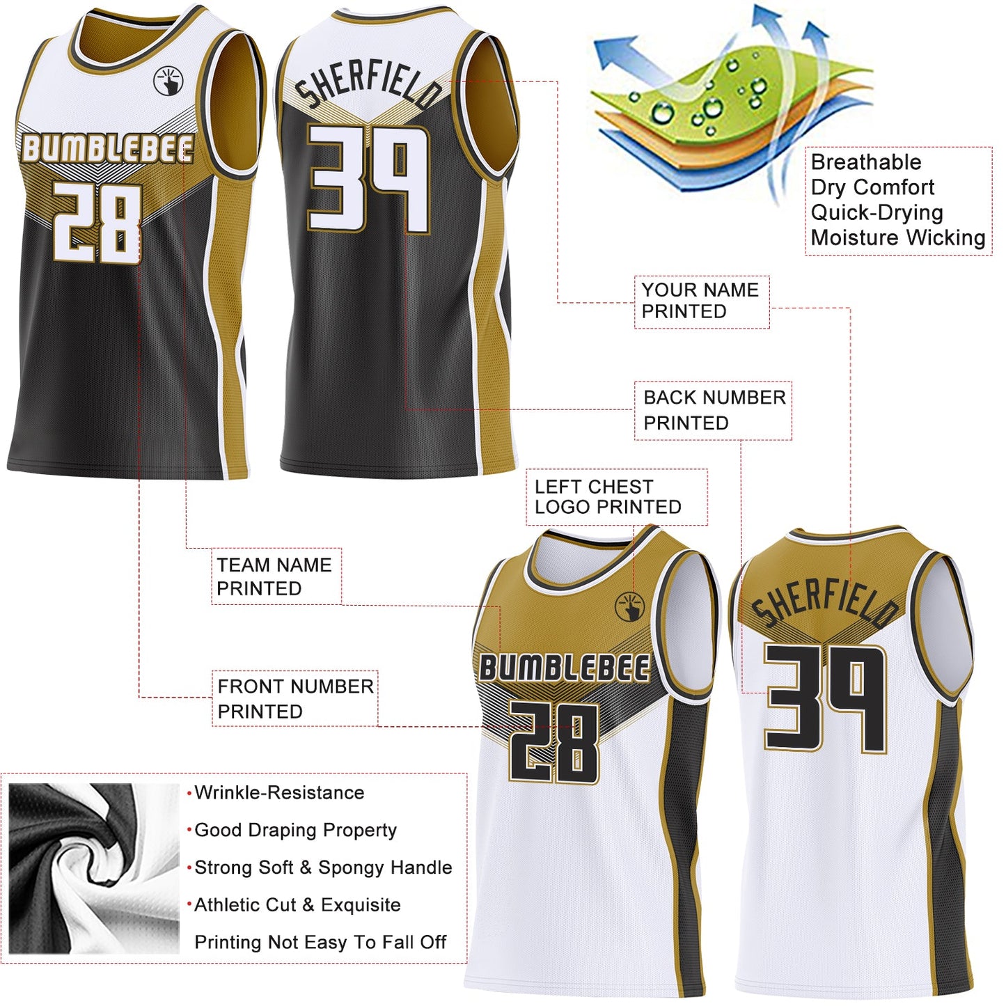 Custom White Black-Old Gold Side Panel Stripe Geometric V-Cut Color Block Reversible Double Side Sublimation Basketball Set Jersey