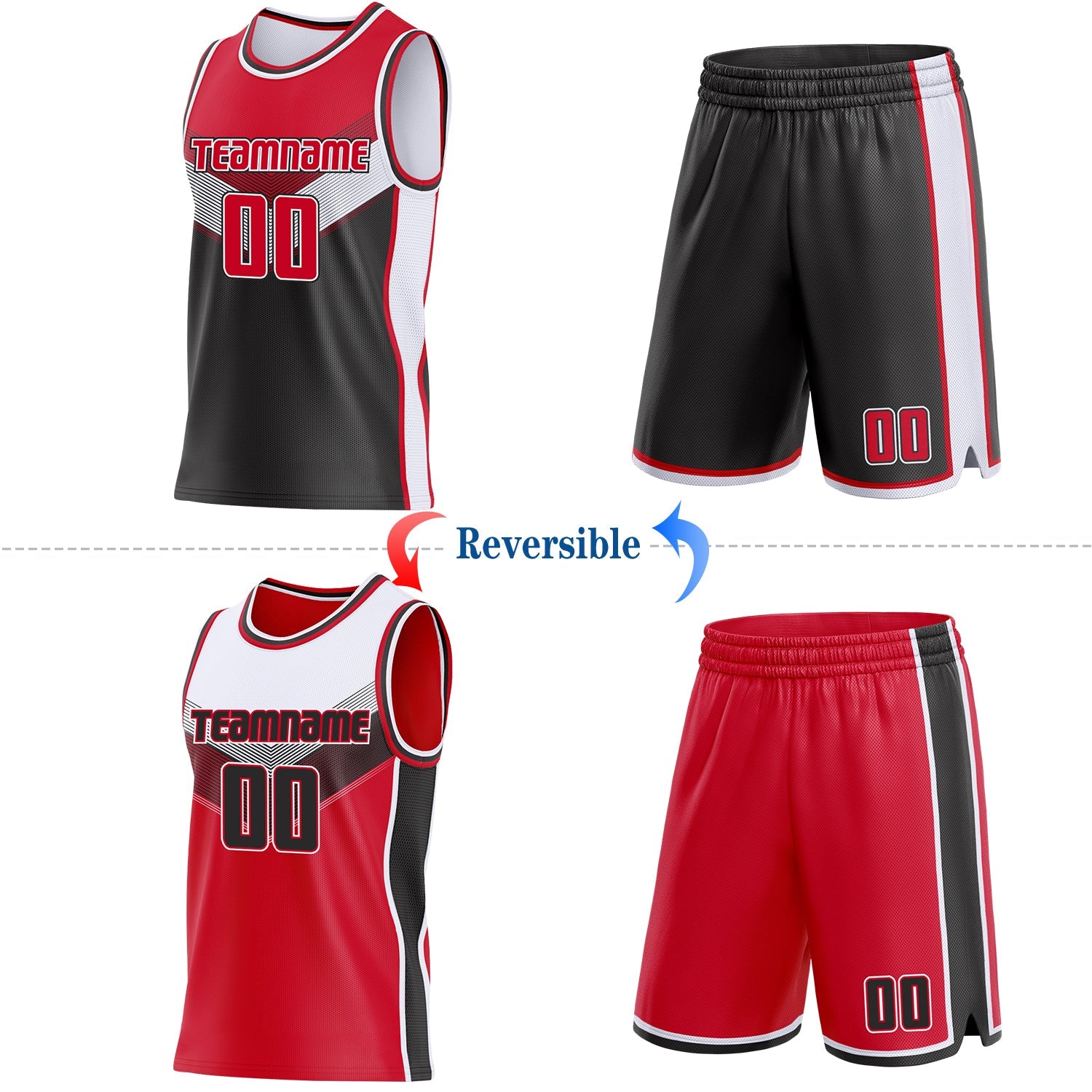 Custom Red Black-White Side Panel Stripe Geometric V-Cut Color Block Reversible Double Side Sublimation Basketball Set Jersey