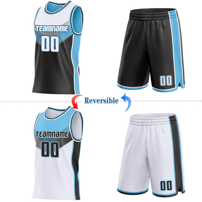 Custom White Black-Sky Blue Side Panel Stripe Geometric V-Cut Color Block Reversible Double Side Sublimation Basketball Set Jersey
