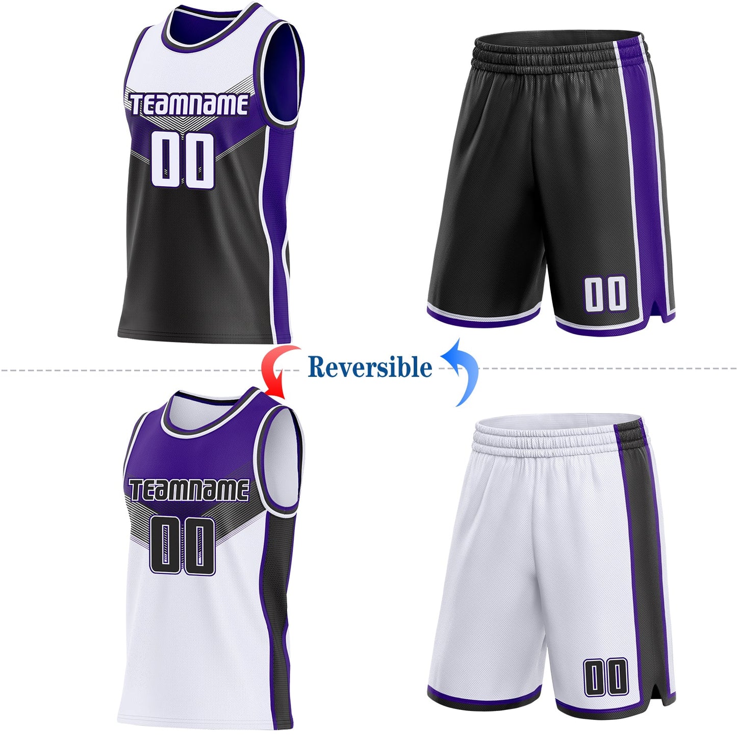 Custom White Black-Purple Side Panel Stripe Geometric V-Cut Color Block Reversible Double Side Sublimation Basketball Set Jersey