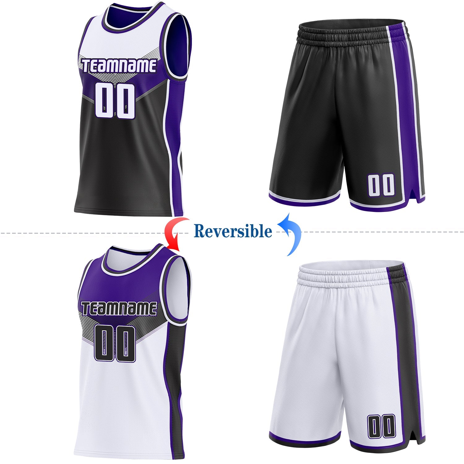 Custom White Black-Purple Side Panel Stripe Geometric V-Cut Color Block Reversible Double Side Sublimation Basketball Set Jersey