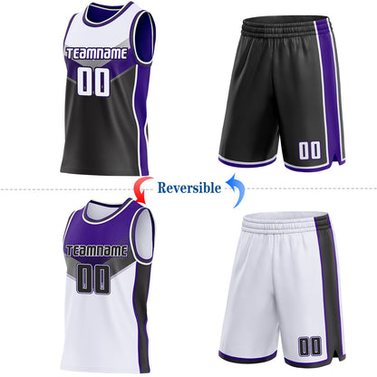 Custom White Black-Purple Side Panel Stripe Geometric V-Cut Color Block Reversible Double Side Sublimation Basketball Set Jersey