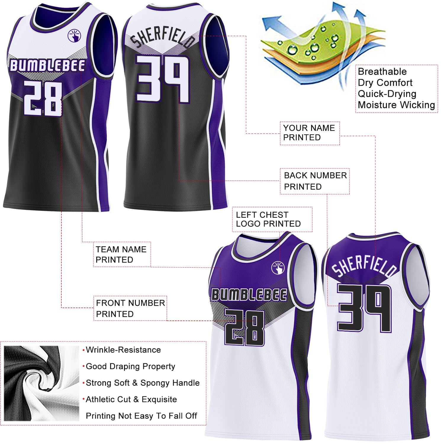 Custom White Black-Purple Side Panel Stripe Geometric V-Cut Color Block Reversible Double Side Sublimation Basketball Set Jersey