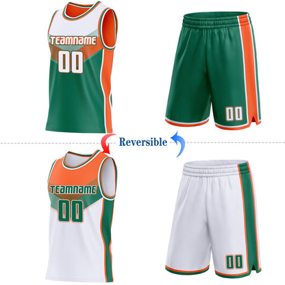 Custom White Kelly Green-Orange Side Panel Stripe Geometric V-Cut Color Block Reversible Double Side Sublimation Basketball Set Jersey