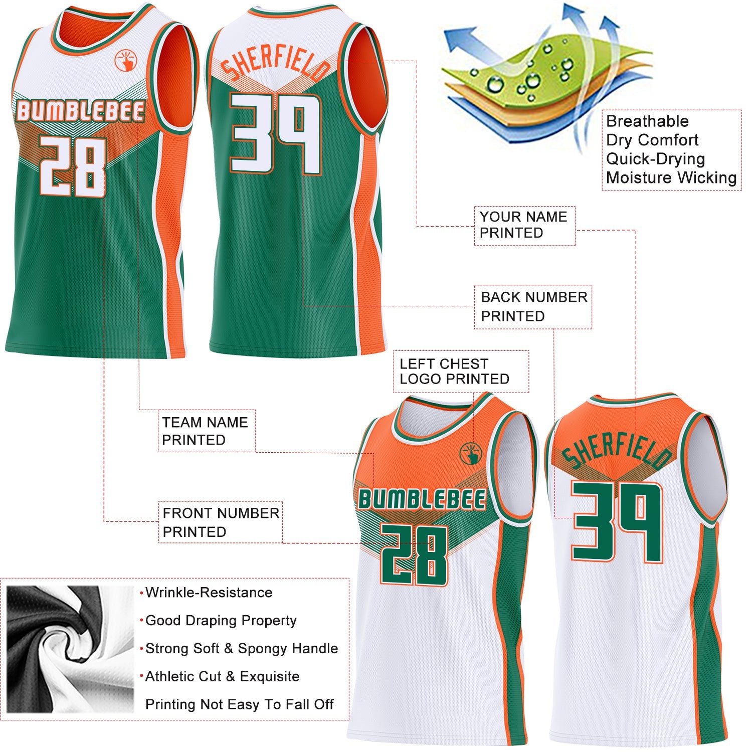 Custom White Kelly Green-Orange Side Panel Stripe Geometric V-Cut Color Block Reversible Double Side Sublimation Basketball Set Jersey