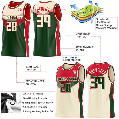 Custom Cream Green-Red Side Panel Stripe Geometric V-Cut Color Block Reversible Double Side Sublimation Basketball Set Jersey