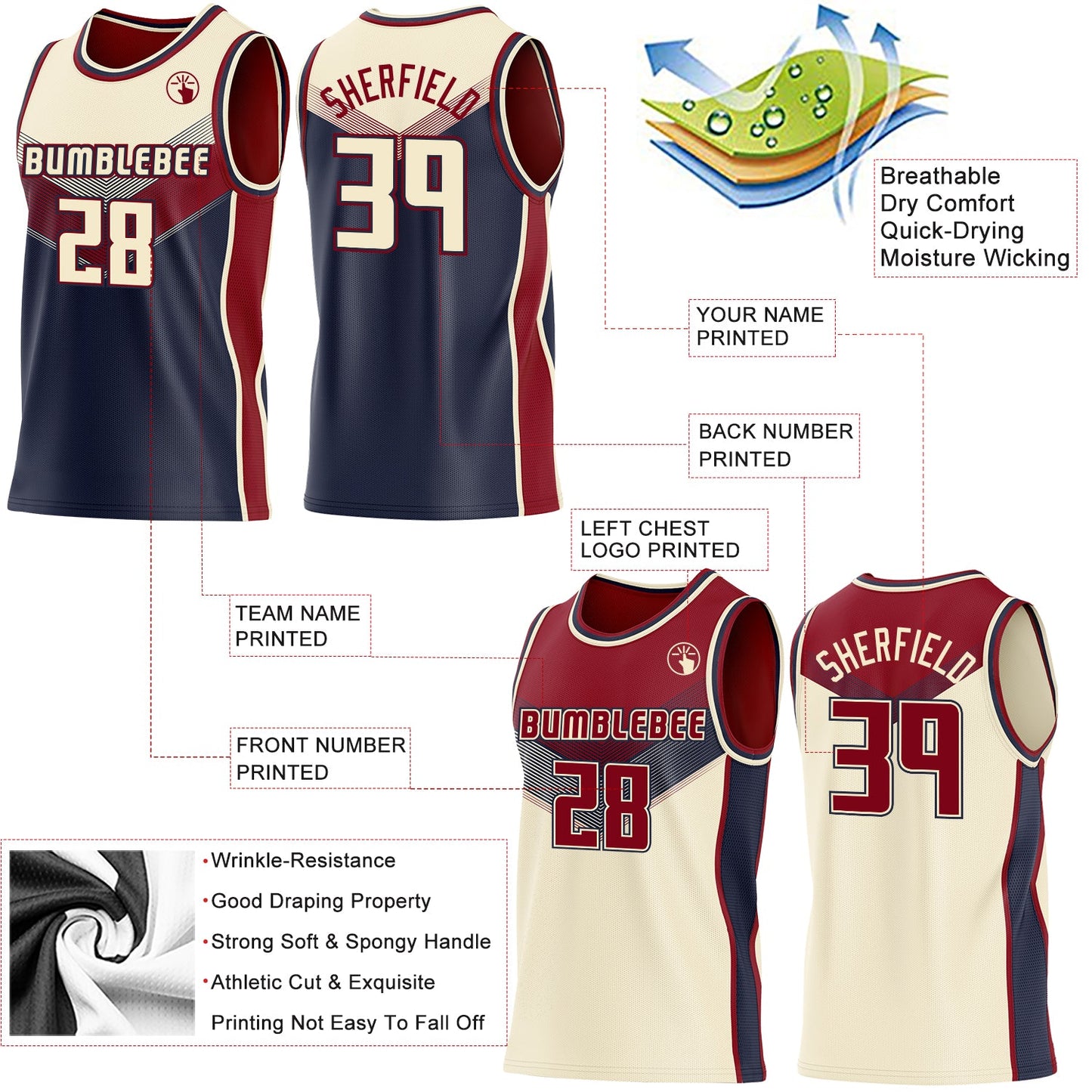 Custom Cream Navy-Maroon Side Panel Stripe Geometric V-Cut Color Block Reversible Double Side Sublimation Basketball Set Jersey