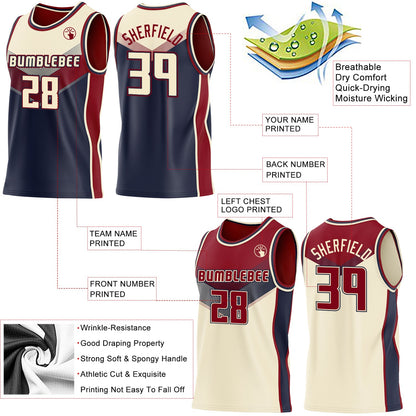 Custom Cream Navy-Maroon Side Panel Stripe Geometric V-Cut Color Block Reversible Double Side Sublimation Basketball Set Jersey