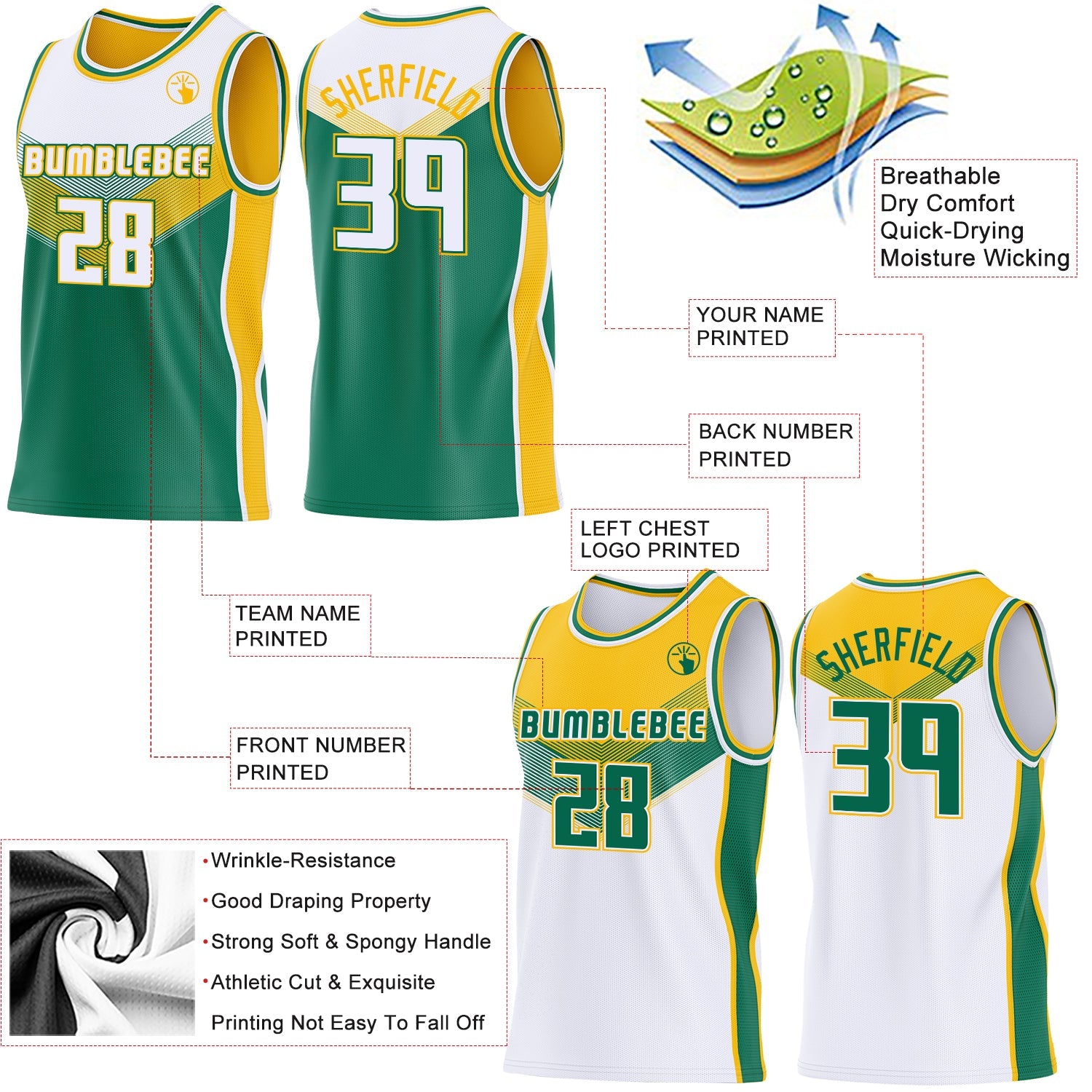 Custom White Kelly Green-Gold Side Panel Stripe Geometric V-Cut Color Block Reversible Double Side Sublimation Basketball Set Jersey