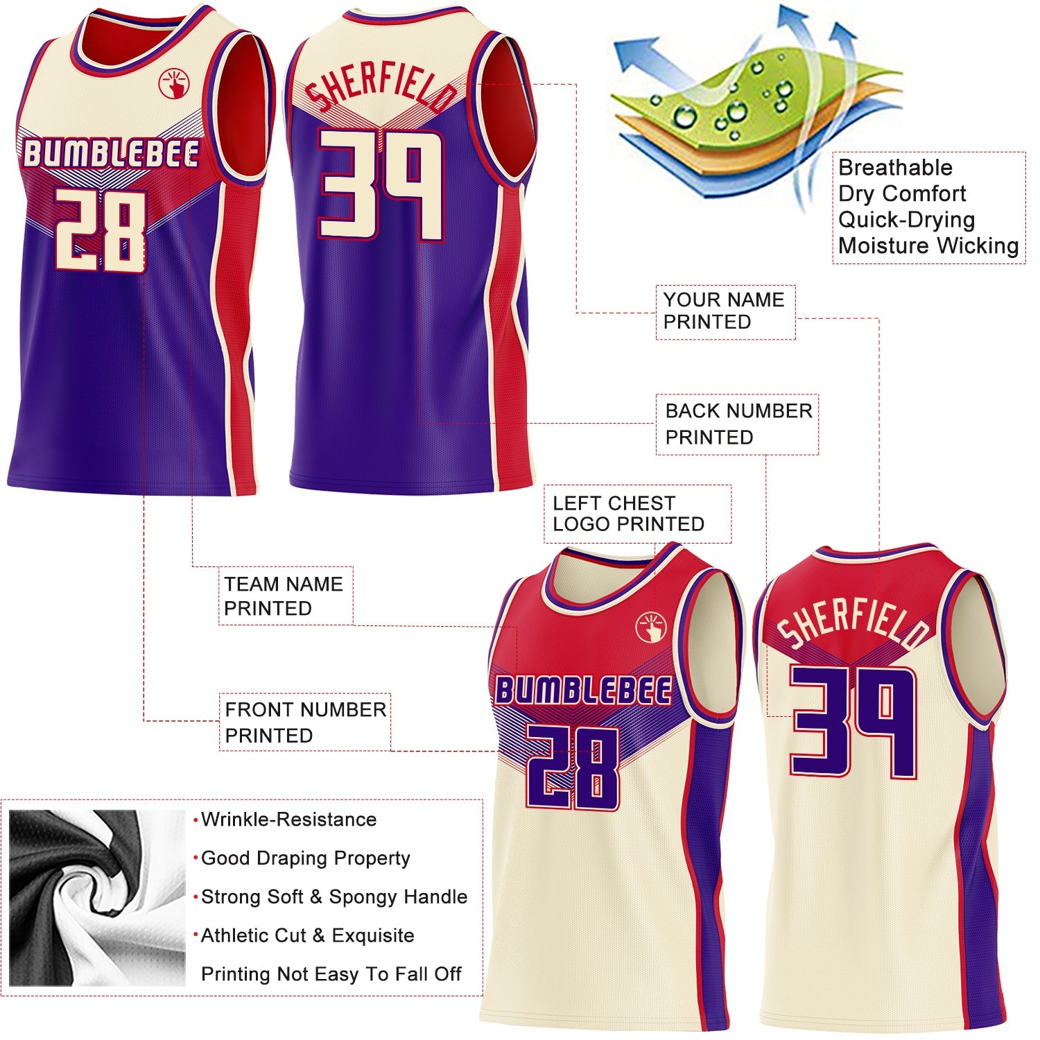 Custom Cream Purple-Red Side Panel Stripe Geometric V-Cut Color Block Reversible Double Side Sublimation Basketball Set Jersey