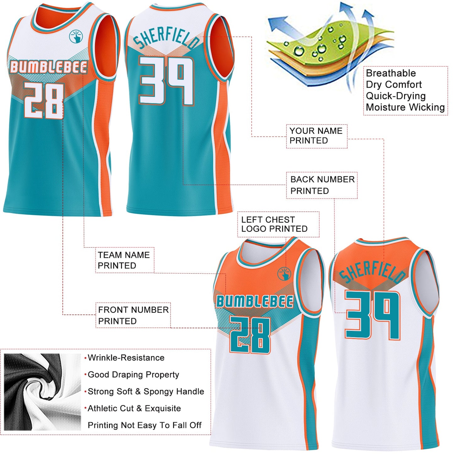 Custom White Teal-Orange Side Panel Stripe Geometric V-Cut Color Block Reversible Double Side Sublimation Basketball Set Jersey