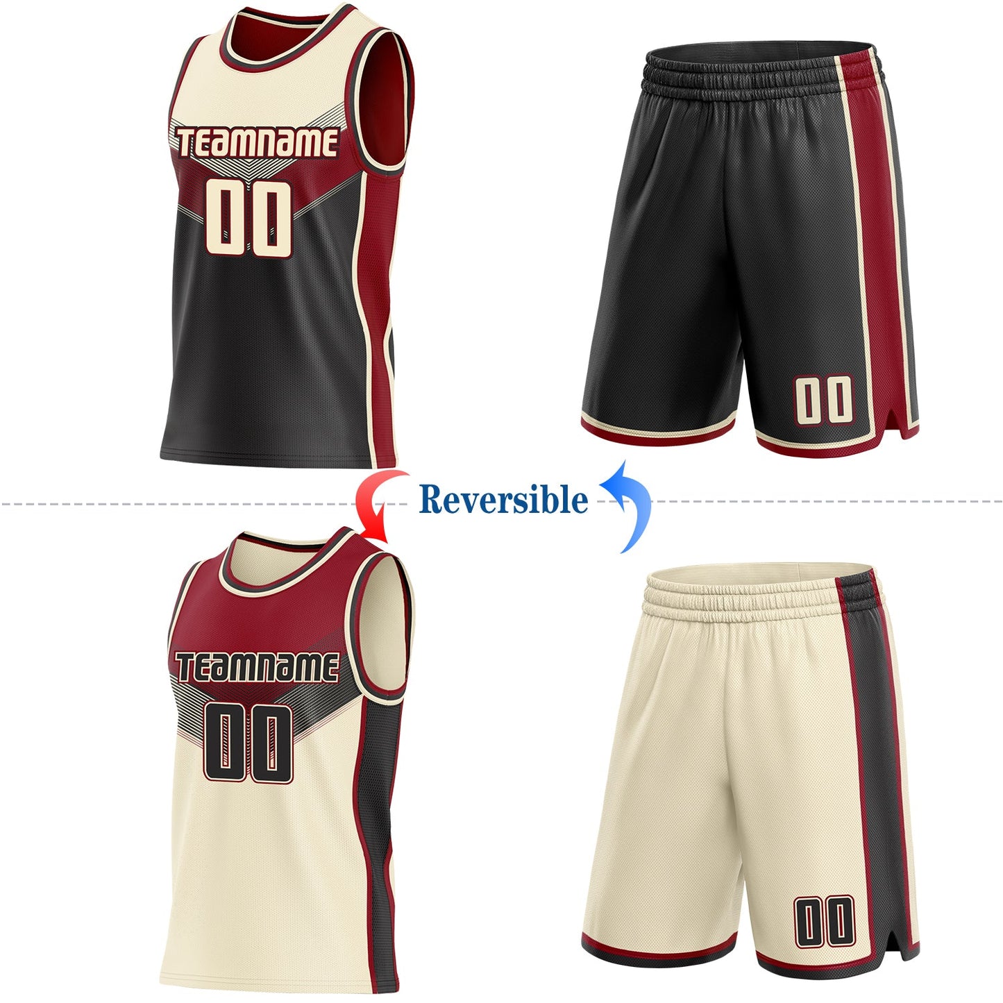 Custom Cream Black-Maroon Side Panel Stripe Geometric V-Cut Color Block Reversible Double Side Sublimation Basketball Set Jersey