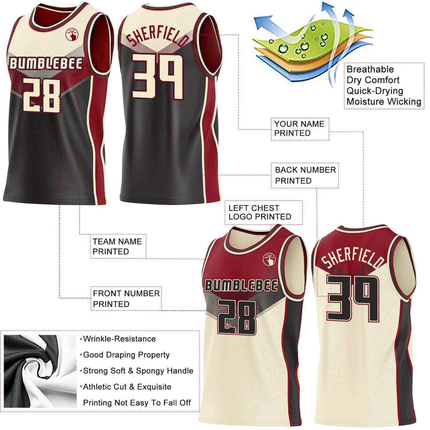 Custom Cream Black-Maroon Side Panel Stripe Geometric V-Cut Color Block Reversible Double Side Sublimation Basketball Set Jersey