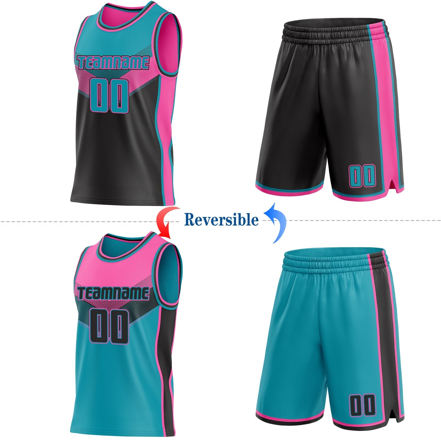 Custom Teal Black-Pink Side Panel Stripe Geometric V-Cut Color Block Reversible Double Side Sublimation Basketball Set Jersey