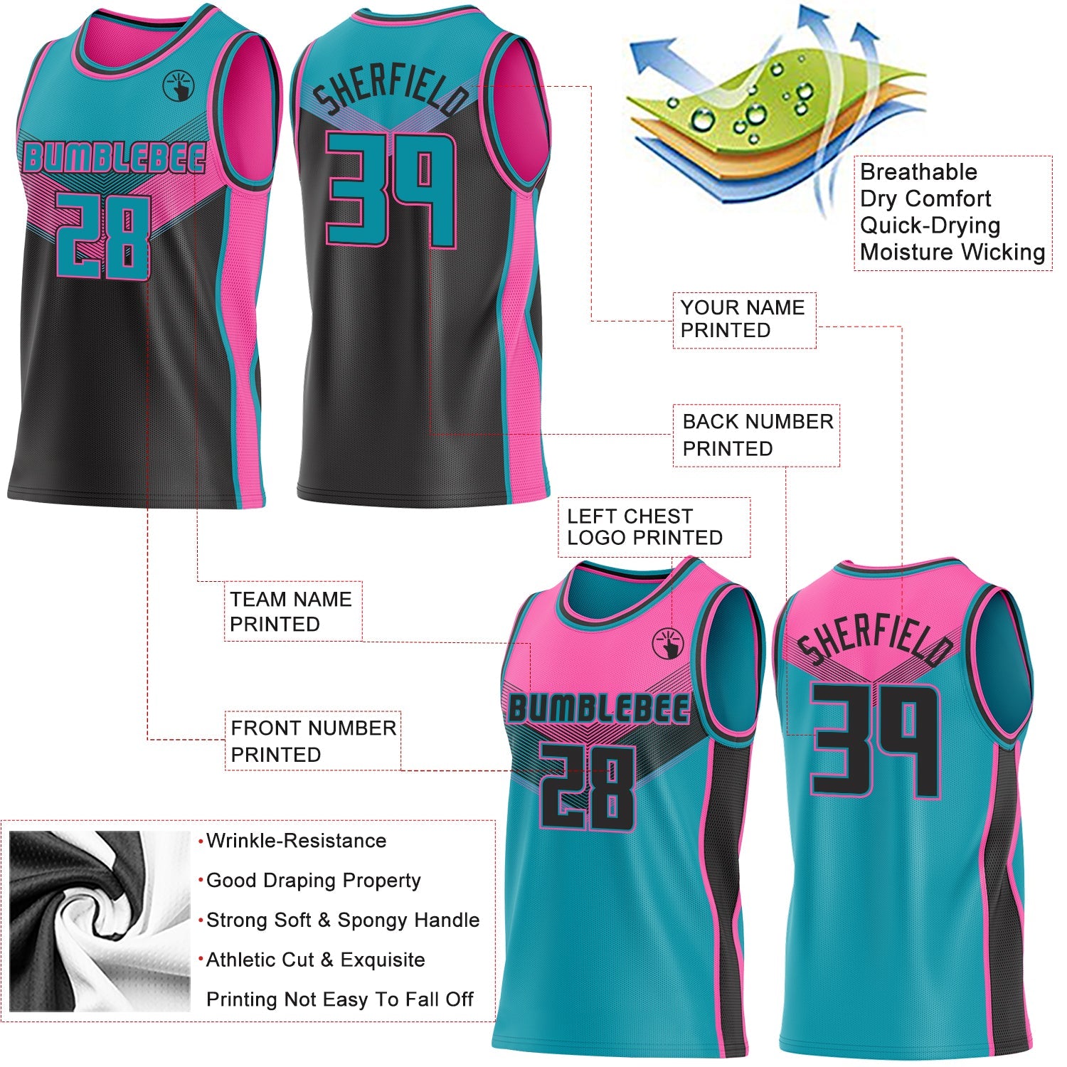 Custom Teal Black-Pink Side Panel Stripe Geometric V-Cut Color Block Reversible Double Side Sublimation Basketball Set Jersey