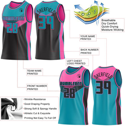 Custom Teal Black-Pink Side Panel Stripe Geometric V-Cut Color Block Reversible Double Side Sublimation Basketball Set Jersey