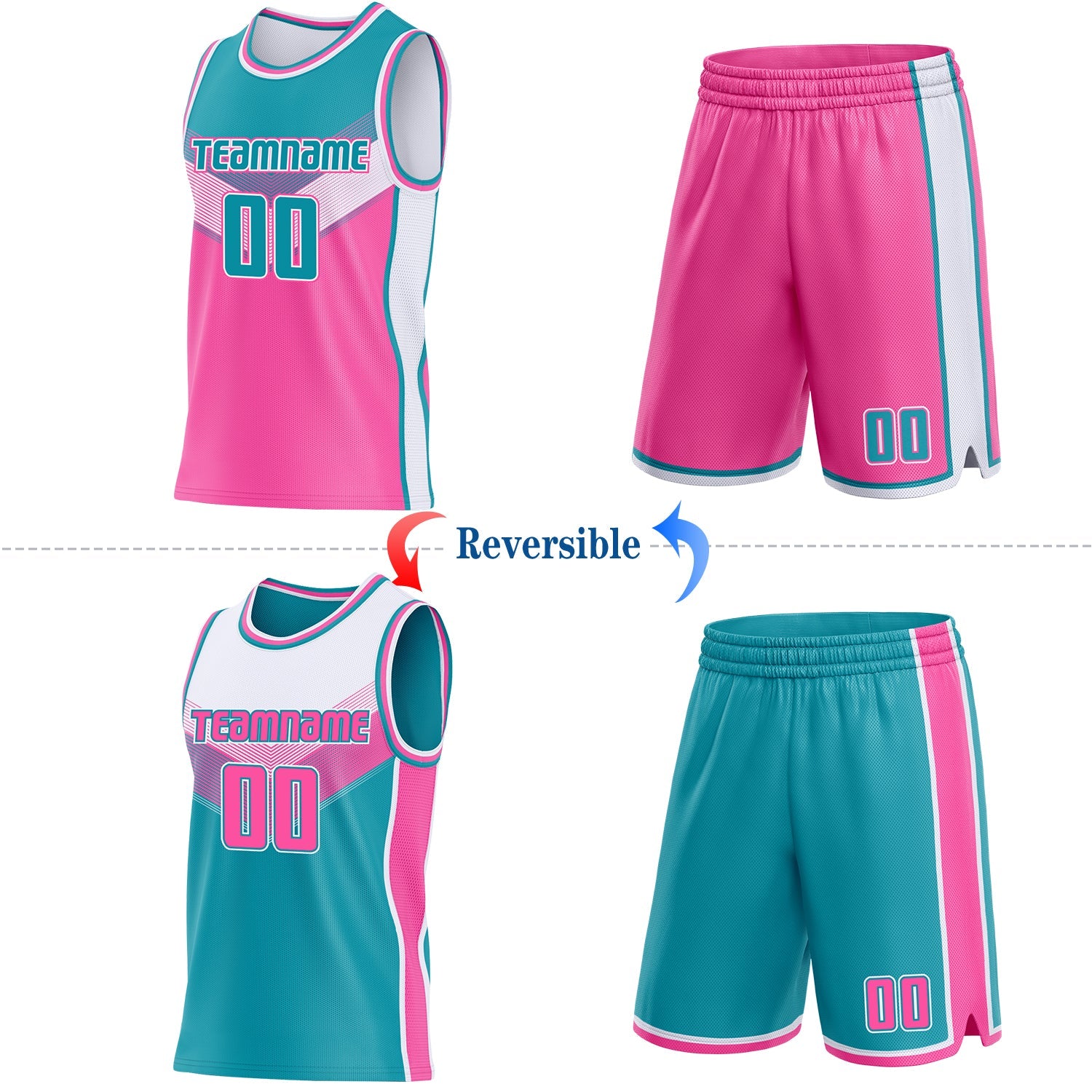 Custom Teal Pink-White Side Panel Stripe Geometric V-Cut Color Block Reversible Double Side Sublimation Basketball Set Jersey