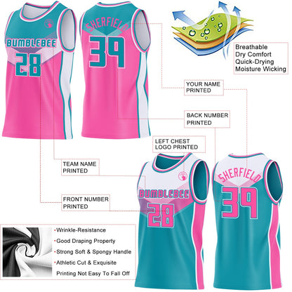 Custom Teal Pink-White Side Panel Stripe Geometric V-Cut Color Block Reversible Double Side Sublimation Basketball Set Jersey