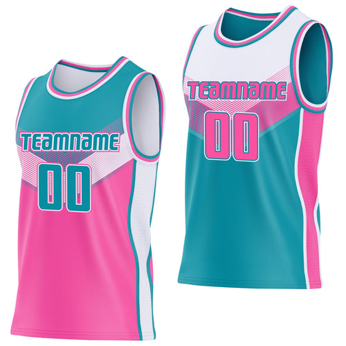 Custom Teal Pink-White Side Panel Stripe Geometric V-Cut Color Block Reversible Double Side Sublimation Basketball Set Jersey