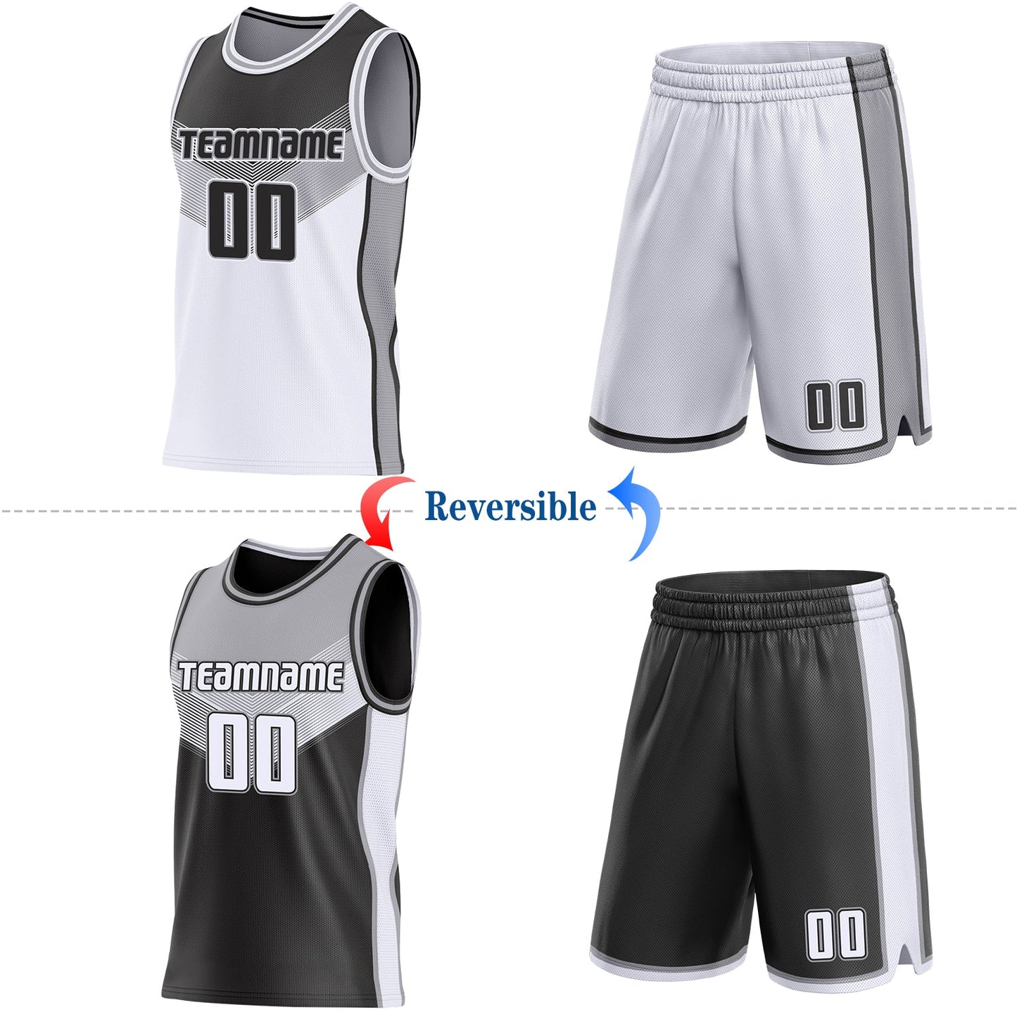 Custom Black White-Gray Side Panel Stripe Geometric V-Cut Color Block Reversible Double Side Sublimation Basketball Set Jersey