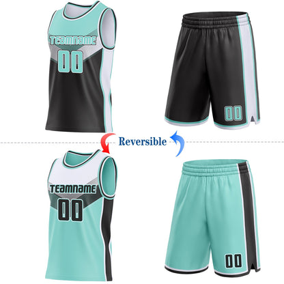 Custom Ice Blue Black-White Side Panel Stripe Geometric V-Cut Color Block Reversible Double Side Sublimation Basketball Set Jersey