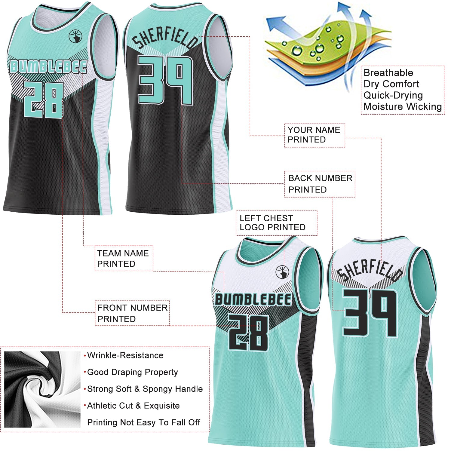 Custom Ice Blue Black-White Side Panel Stripe Geometric V-Cut Color Block Reversible Double Side Sublimation Basketball Set Jersey