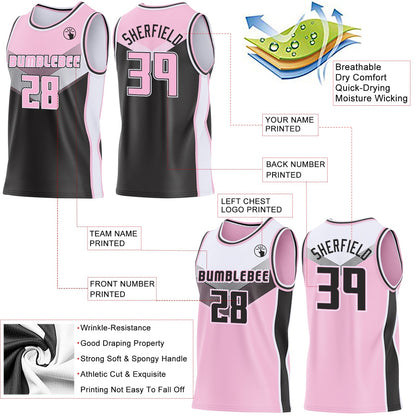 Custom Light Pink Black-White Side Panel Stripe Geometric V-Cut Color Block Reversible Double Side Sublimation Basketball Set Jersey