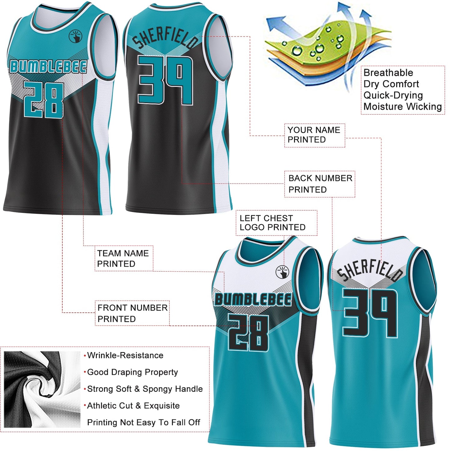 Custom Teal Black-White Side Panel Stripe Geometric V-Cut Color Block Reversible Double Side Sublimation Basketball Set Jersey