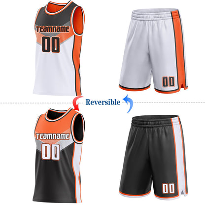 Custom Black White-Orange Side Panel Stripe Geometric V-Cut Color Block Reversible Double Side Sublimation Basketball Set Jersey