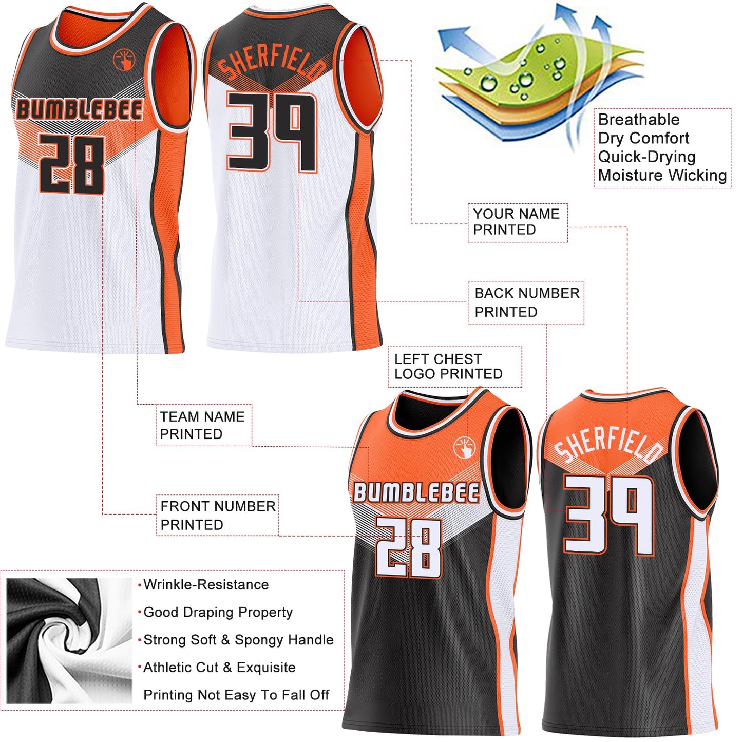 Custom Black White-Orange Side Panel Stripe Geometric V-Cut Color Block Reversible Double Side Sublimation Basketball Set Jersey
