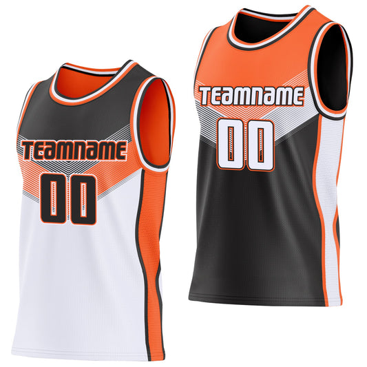 Custom Black White-Orange Side Panel Stripe Geometric V-Cut Color Block Reversible Double Side Sublimation Basketball Set Jersey