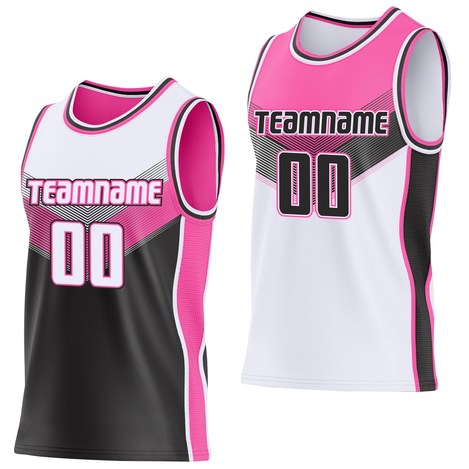 Custom White Black-Pink Side Panel Stripe Geometric V-Cut Color Block Reversible Double Side Sublimation Basketball Set Jersey