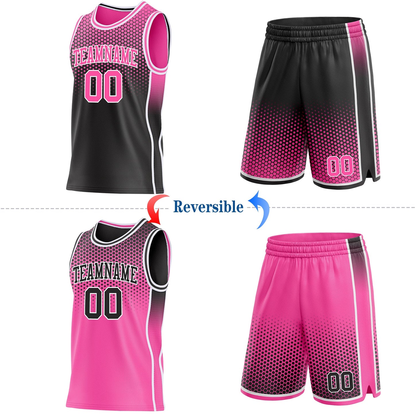 Custom Black Pink-White Side Panel Stripe Gradient Geometric Honeycomb Reversible Double Side Sublimation Basketball Set Jersey