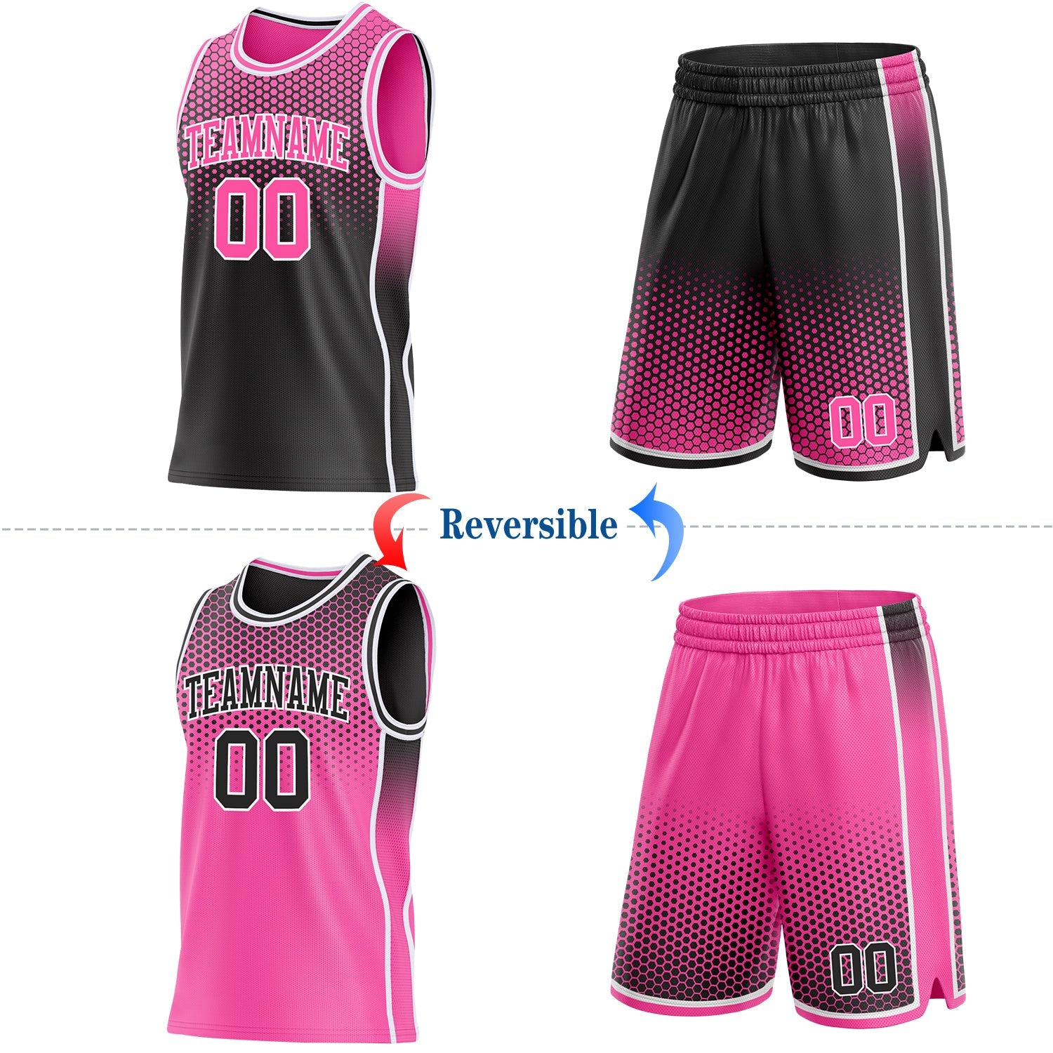 Custom Black Pink-White Side Panel Stripe Gradient Geometric Honeycomb Reversible Double Side Sublimation Basketball Set Jersey