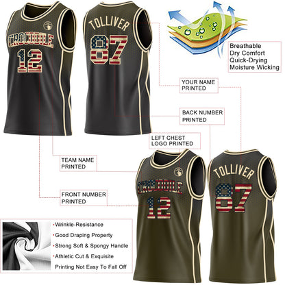 Custom Black Vintage USA Flag Olive-Cream Side Panel Stripe Gradient Geometric Honeycomb Reversible Double Side Sublimation Basketball Set Jersey